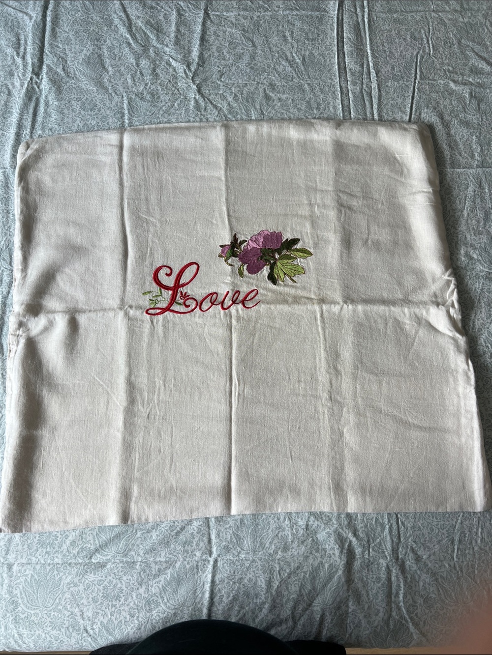 Embroidered 'Love' Floral Pillow Cover in White Linen